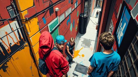 This bold acrylic painting offers a high-angle perspective of rebellious teens in a grungy city alley.  The artwork employs v