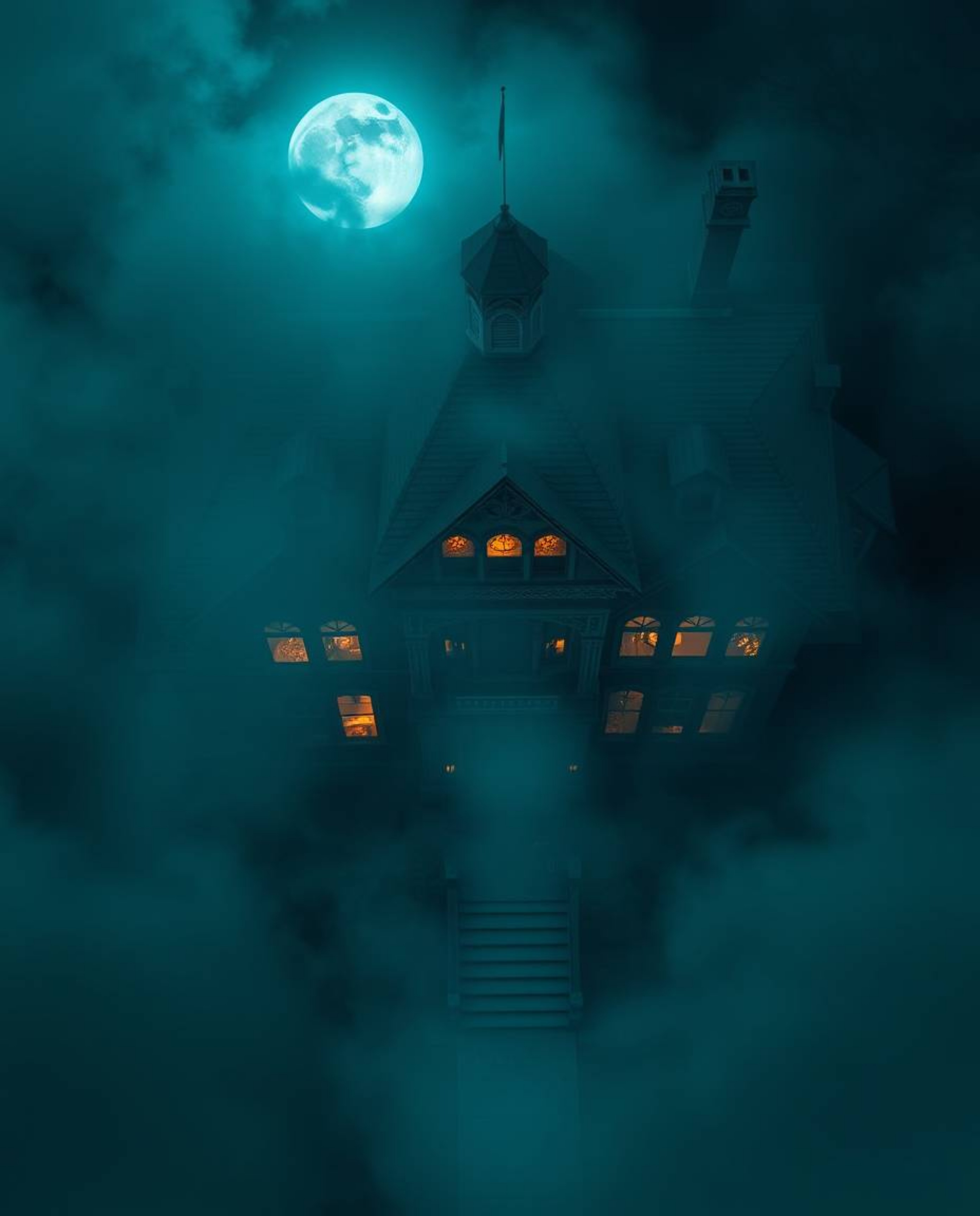 A stunning overhead bird’s-eye view captures a fog-covered Victorian mansion bathed in soft moonlight. The rich, deep teal hu