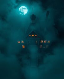 A stunning overhead bird’s-eye view captures a fog-covered Victorian mansion bathed in soft moonlight. The rich, deep teal hu