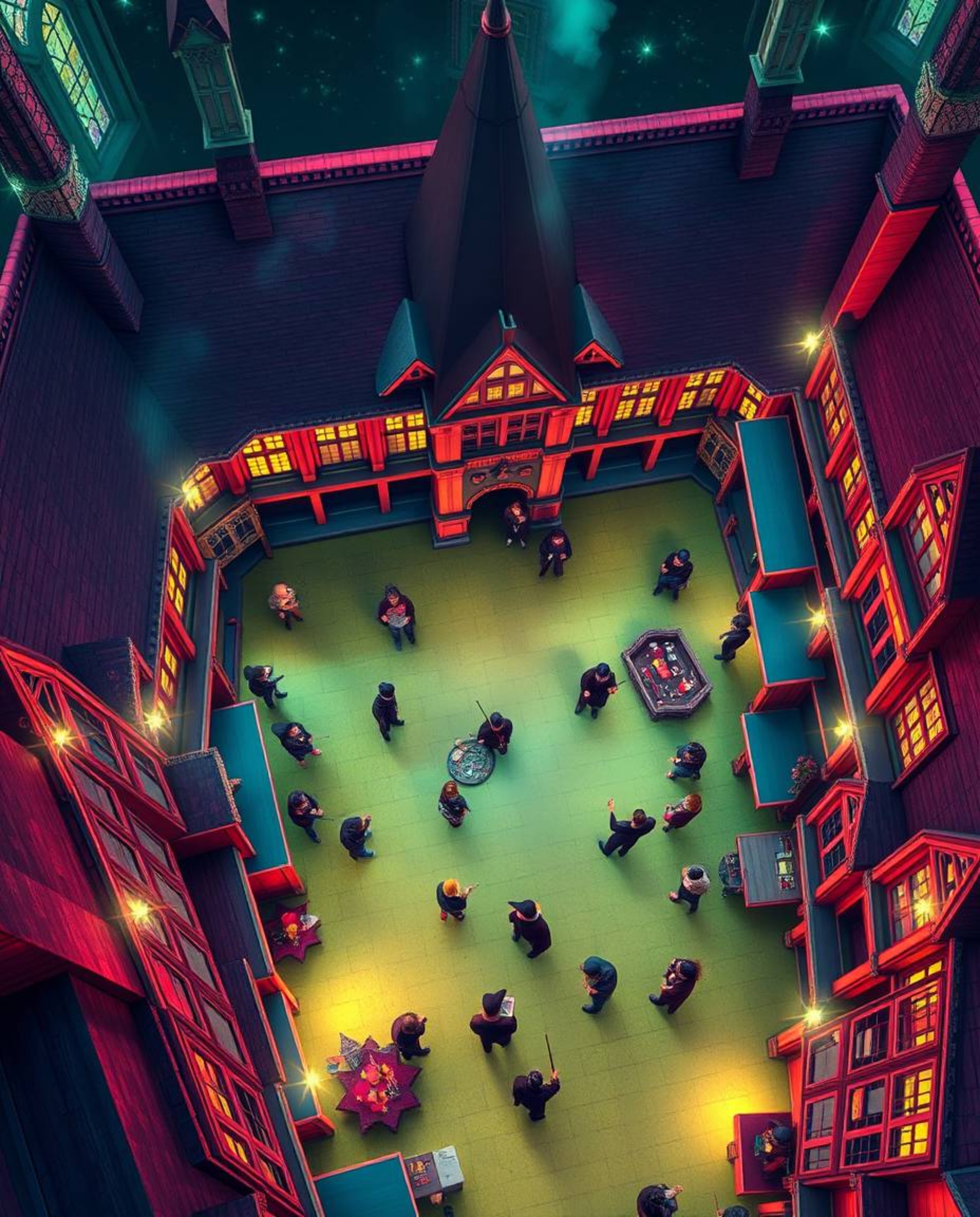 Experience a breathtaking bird's-eye view of a magical school teeming with young wizards, brought to life with vivid electric