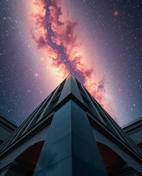Stunning architectural photography captures the sharp lines and detailed structures of colliding galaxies, bathed in the warm