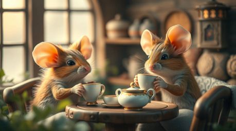 A charming high-resolution digital photograph showcases adorable anthropomorphic mice enjoying a tea party in a cozy cottage.