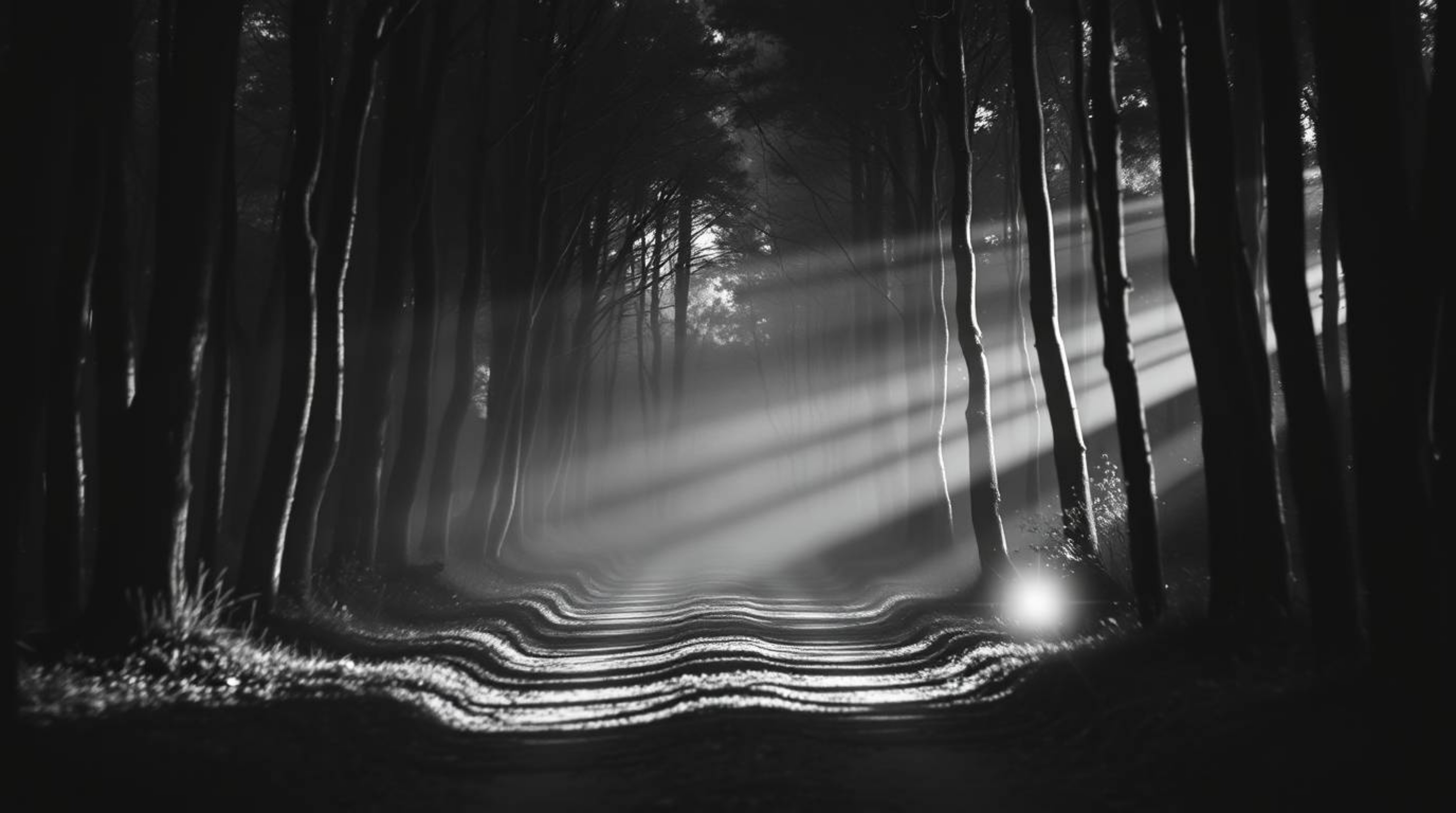 Immerse yourself in a timeless black and white photograph depicting a thrilling chase through a looping forest. Volumetric li