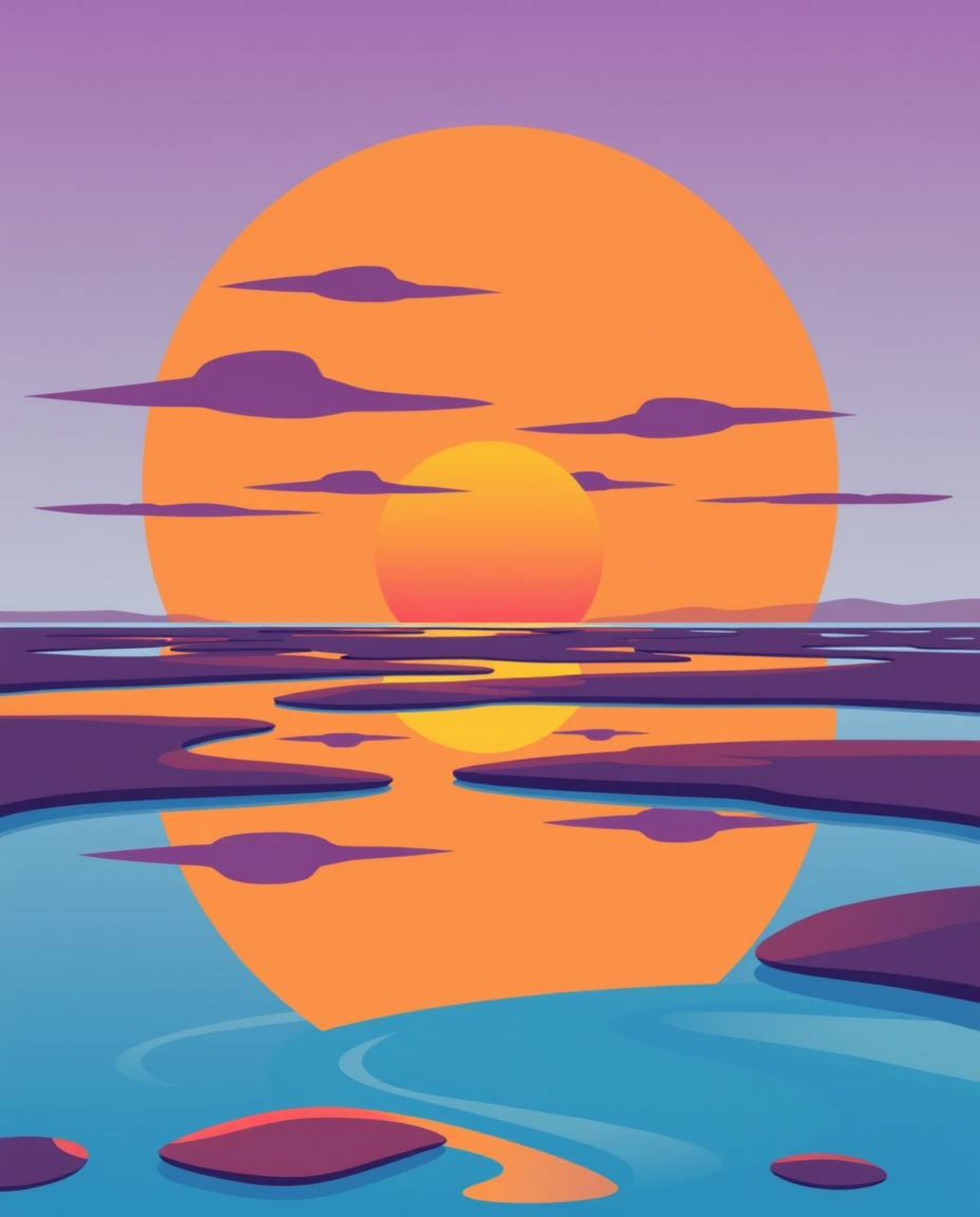 A bright, vibrant, modern flat design illustration depicts a sunset sky mirrored in the tidal pools of a beach. This artwork 