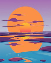A bright, vibrant, modern flat design illustration depicts a sunset sky mirrored in the tidal pools of a beach. This artwork 