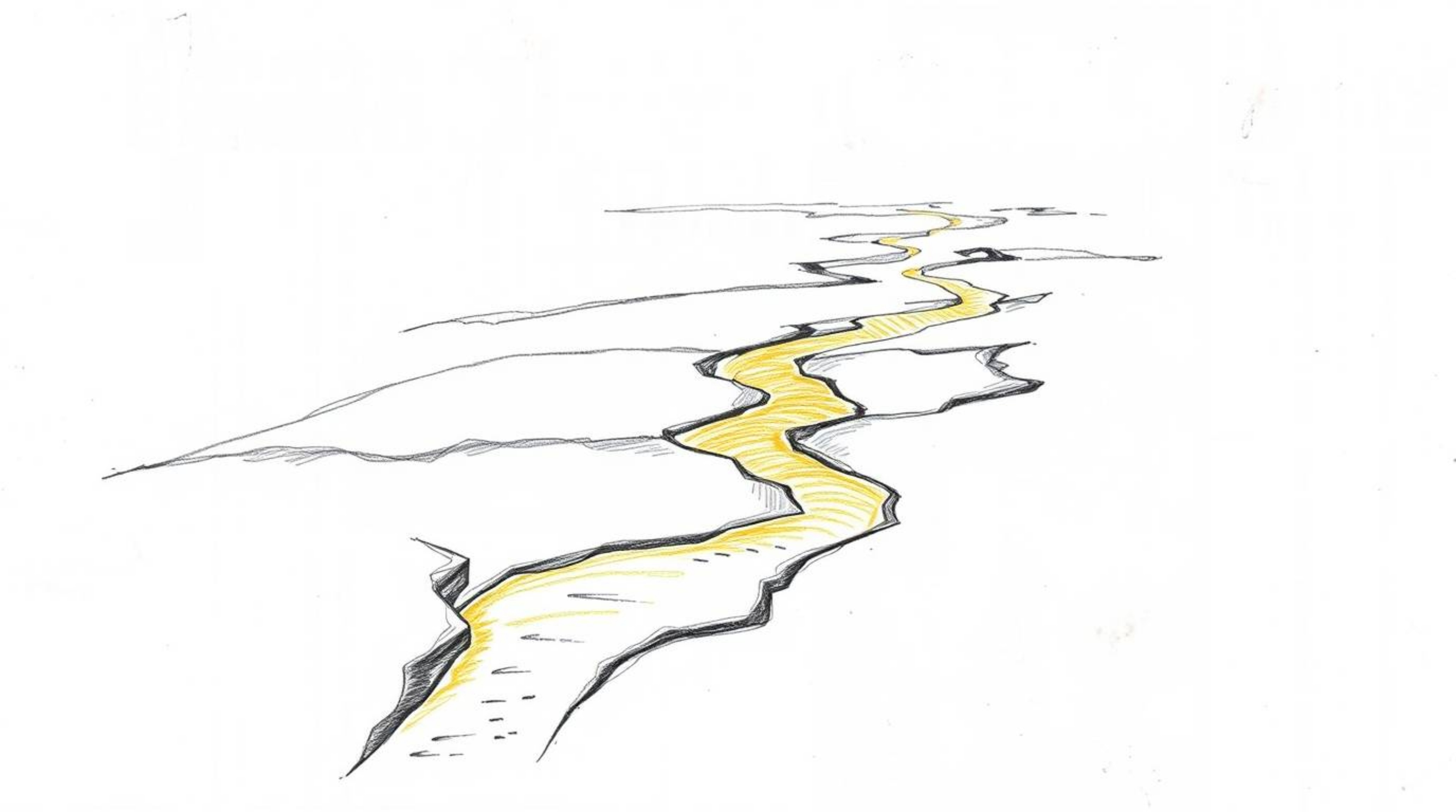 A captivating hand-drawn sketch depicts a river delta bathed in the soft glow of twilight.  Bold lines, rough textures, and e