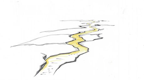 A captivating hand-drawn sketch depicts a river delta bathed in the soft glow of twilight.  Bold lines, rough textures, and e