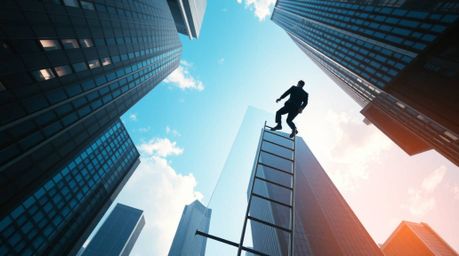 An overhead bird's-eye view showcases a businessperson ascending a transparent ladder that disappears into a vibrant blue sky