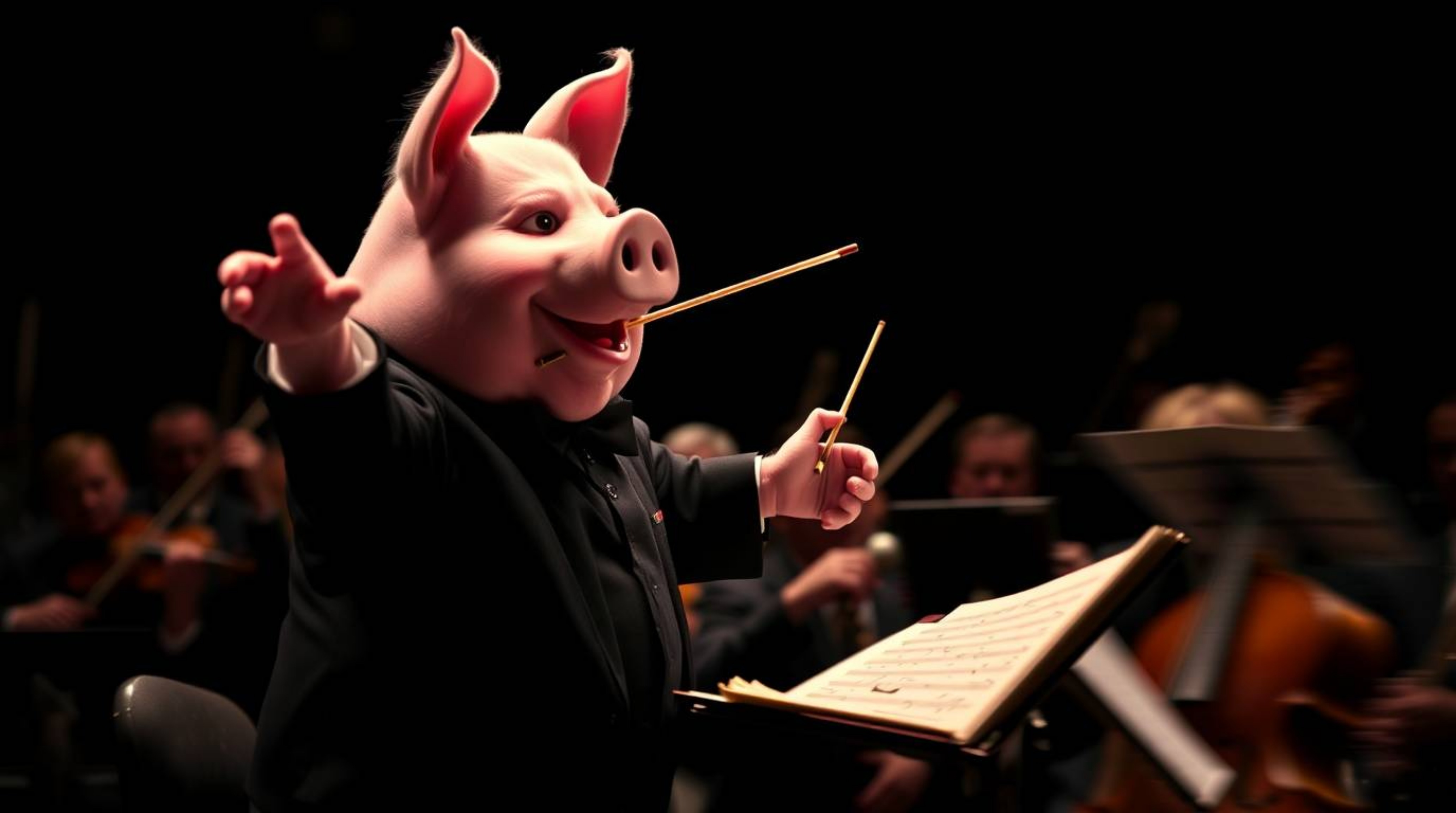 This striking image depicts a pig character passionately conducting an orchestra with a high-contrast, low-key aesthetic. The