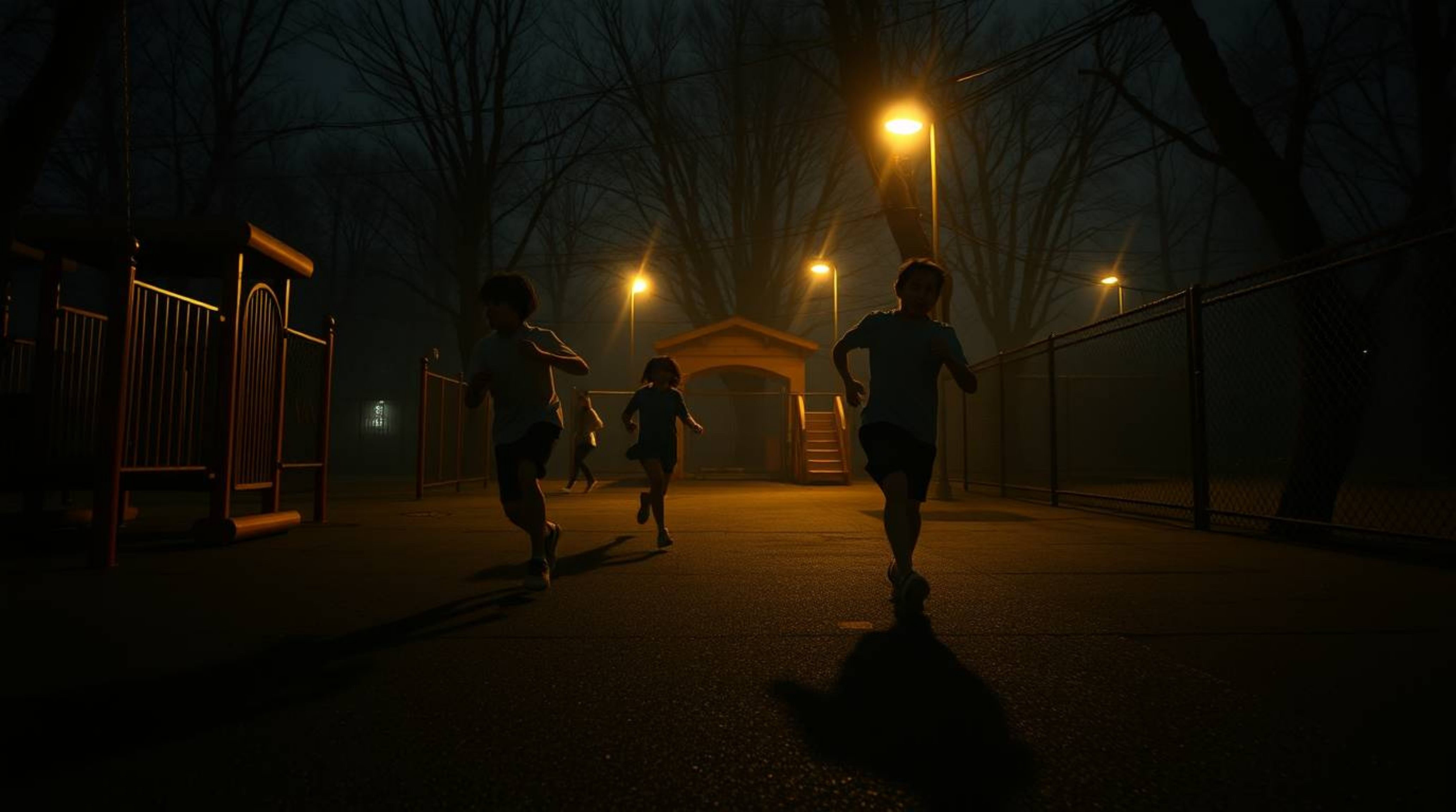 Experience a dramatic slow-motion run through a playground, rendered in the captivating style of Isekai anime. The scene is d