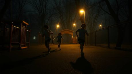 Experience a dramatic slow-motion run through a playground, rendered in the captivating style of Isekai anime. The scene is d