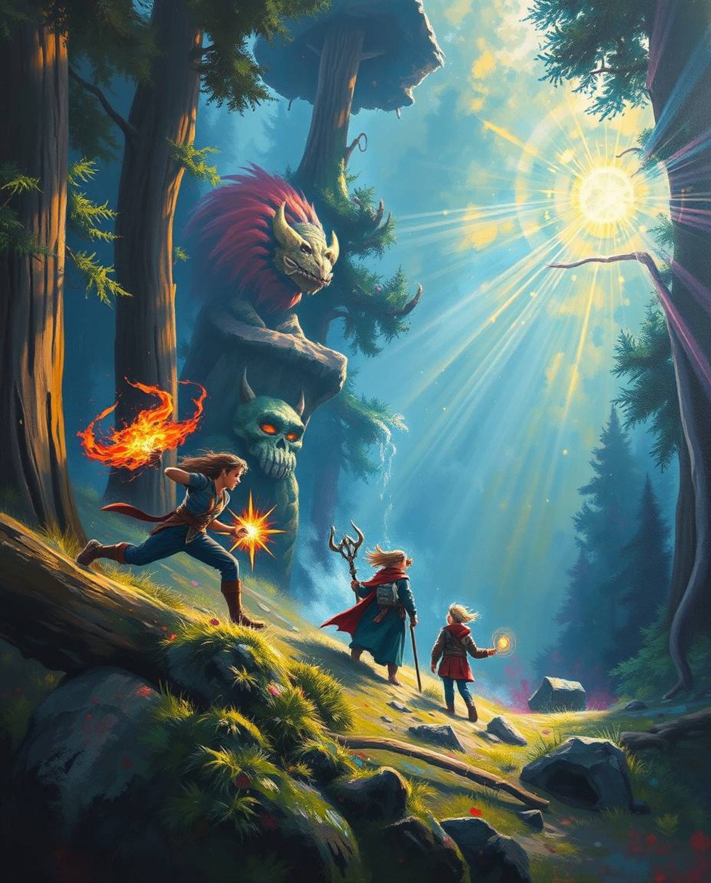 A breathtaking bold acrylic painting showcases a group of friends with unique powers embarking on a massive-scale forest expl