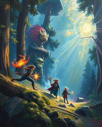 A breathtaking bold acrylic painting showcases a group of friends with unique powers embarking on a massive-scale forest expl