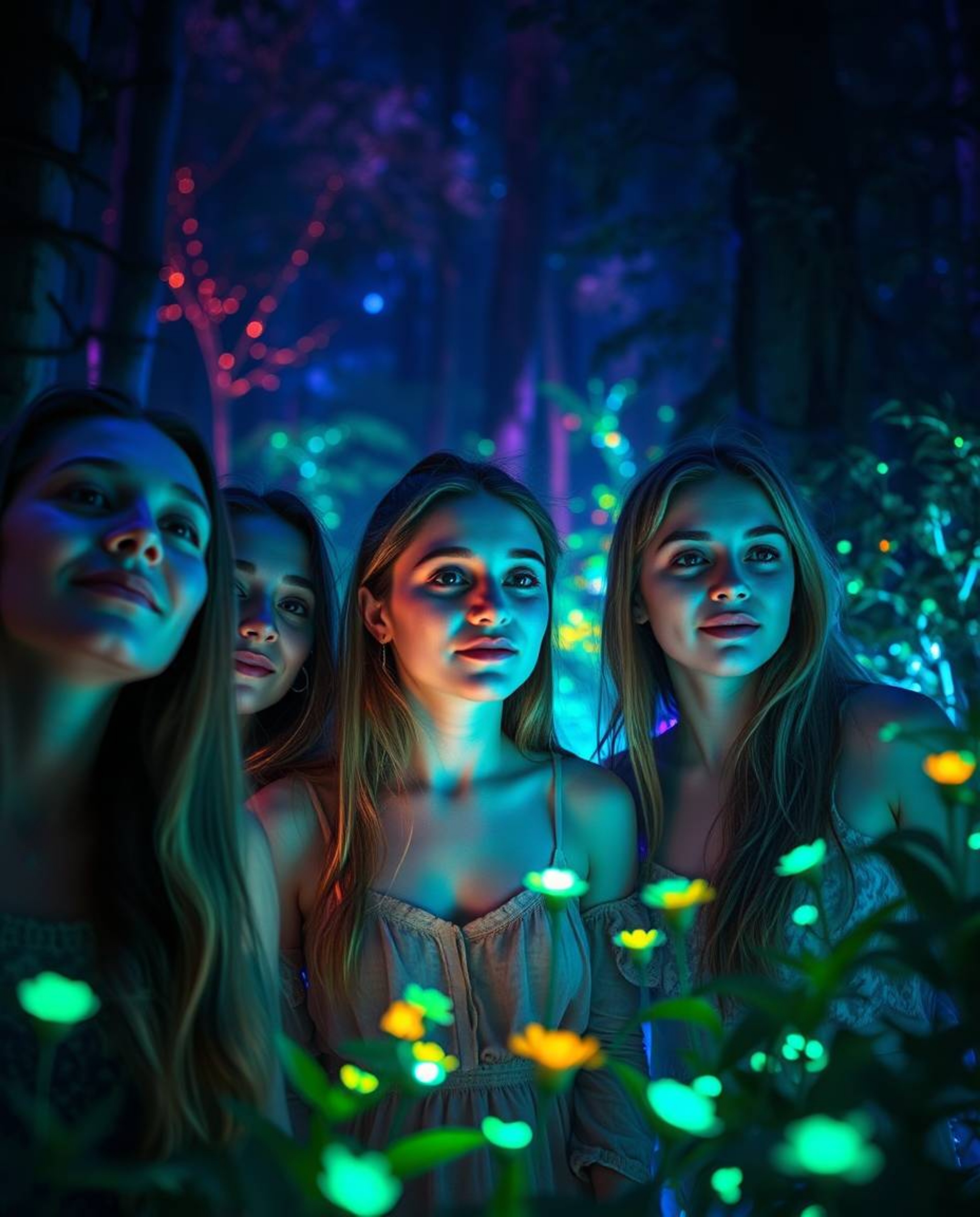 Embark on a mystical journey with a group of friends, each possessing unique powers, as they explore a bioluminescent forest.