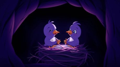 Experience the charming scene of two cartoon birds, rendered in a classic animation style, diligently building their nest bat