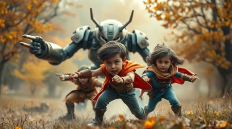 In a dreamy autumnal landscape, a trio of determined, tan-skinned, and vibrantly costumed superpowered kids battles a metalli