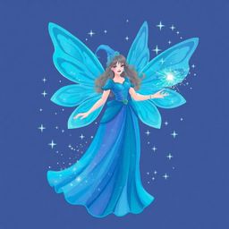 A stunning digital illustration depicts a fairy godmother emerging in a vibrant swirl of sparkles, bathed in cool colors like
