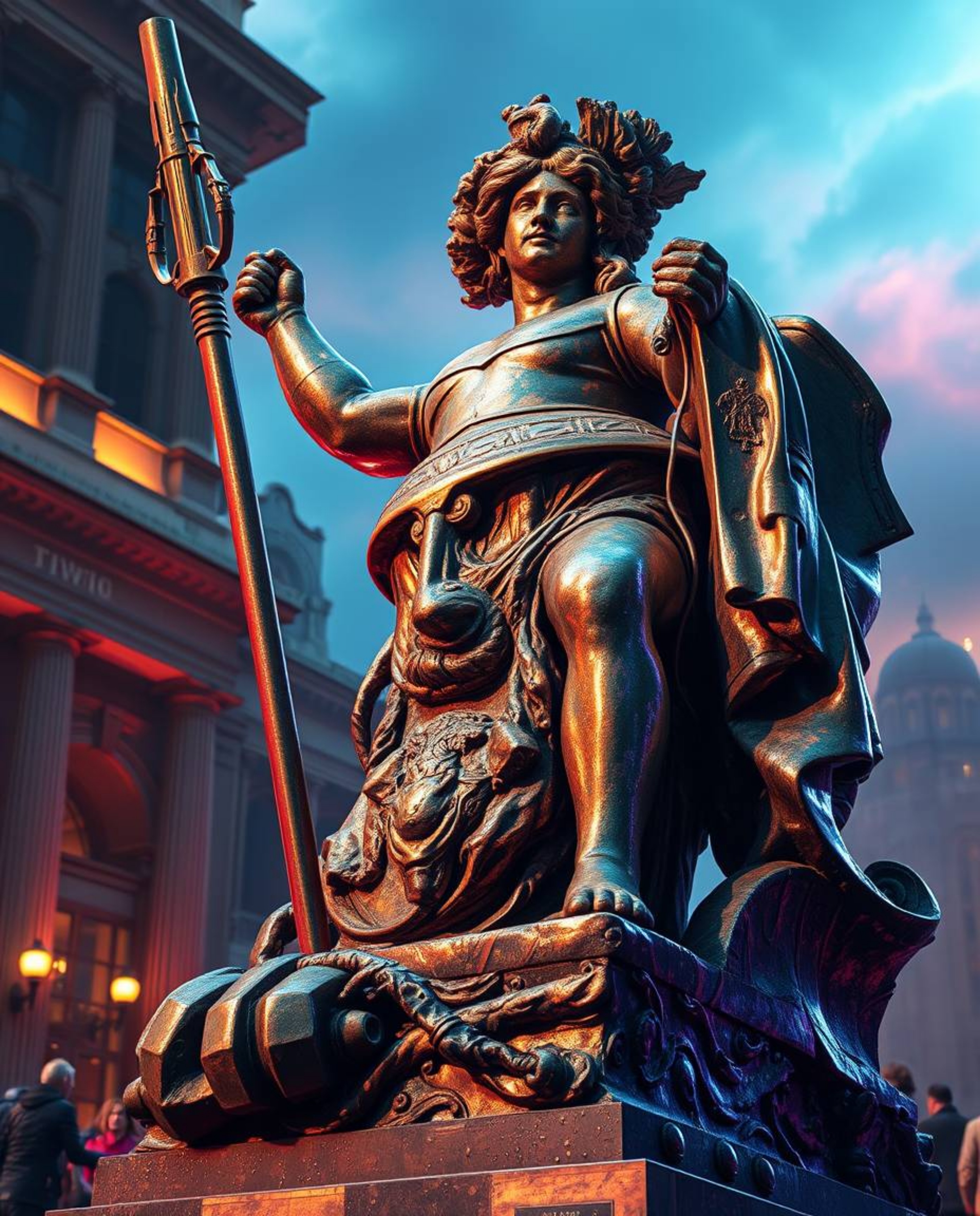 Witness an epic scene showcasing a cast bronze classical sculpture transformed by a vibrant glitch effect.  The antique patin