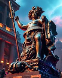 Witness an epic scene showcasing a cast bronze classical sculpture transformed by a vibrant glitch effect.  The antique patin