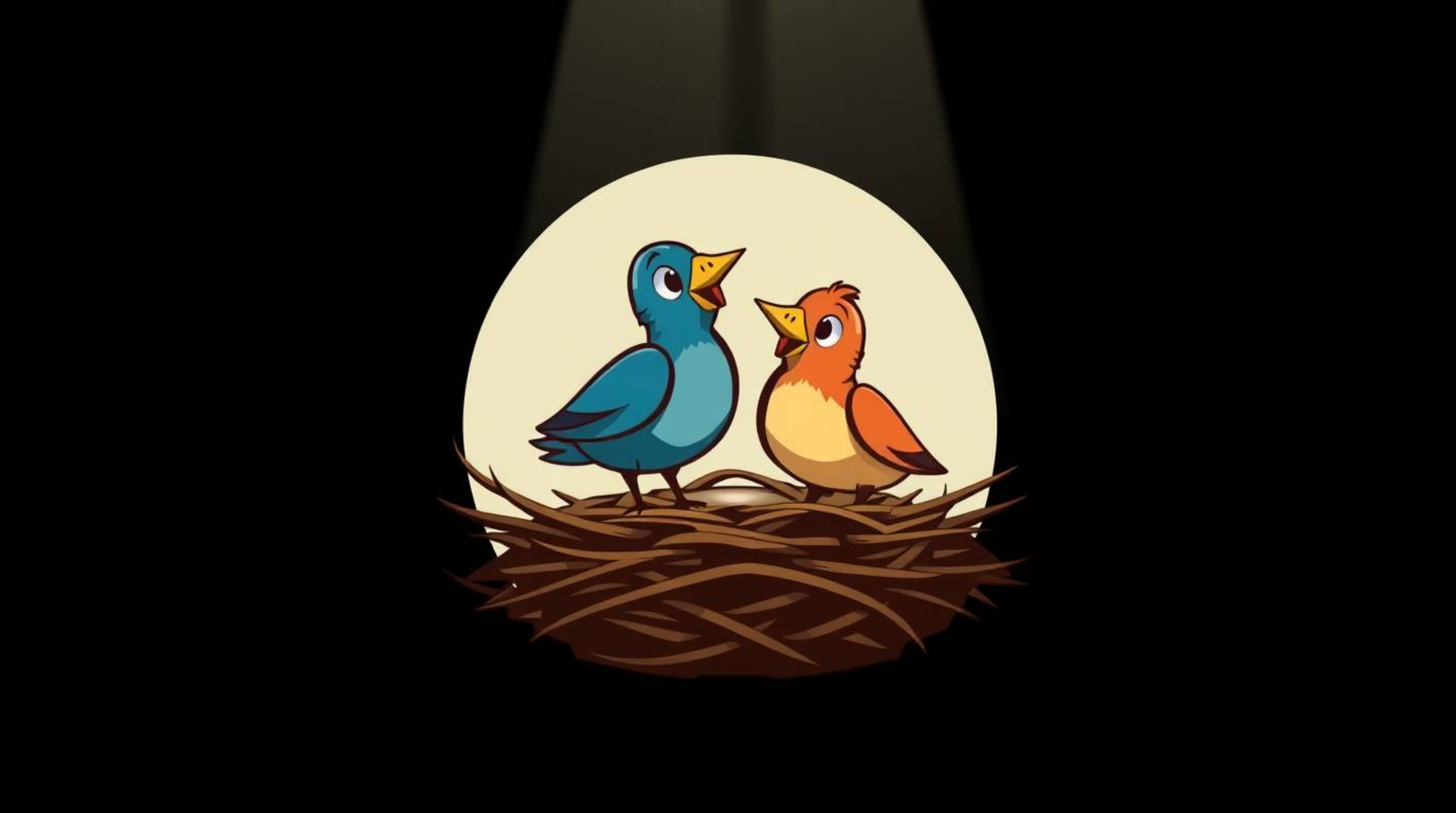 A captivating logo showcasing two cartoon birds meticulously constructing a nest. Rendered in a classic animation style with