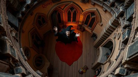 An overhead bird's eye view showcases a classic Disney villain casting a spell within an old castle. The layered papier-mâché