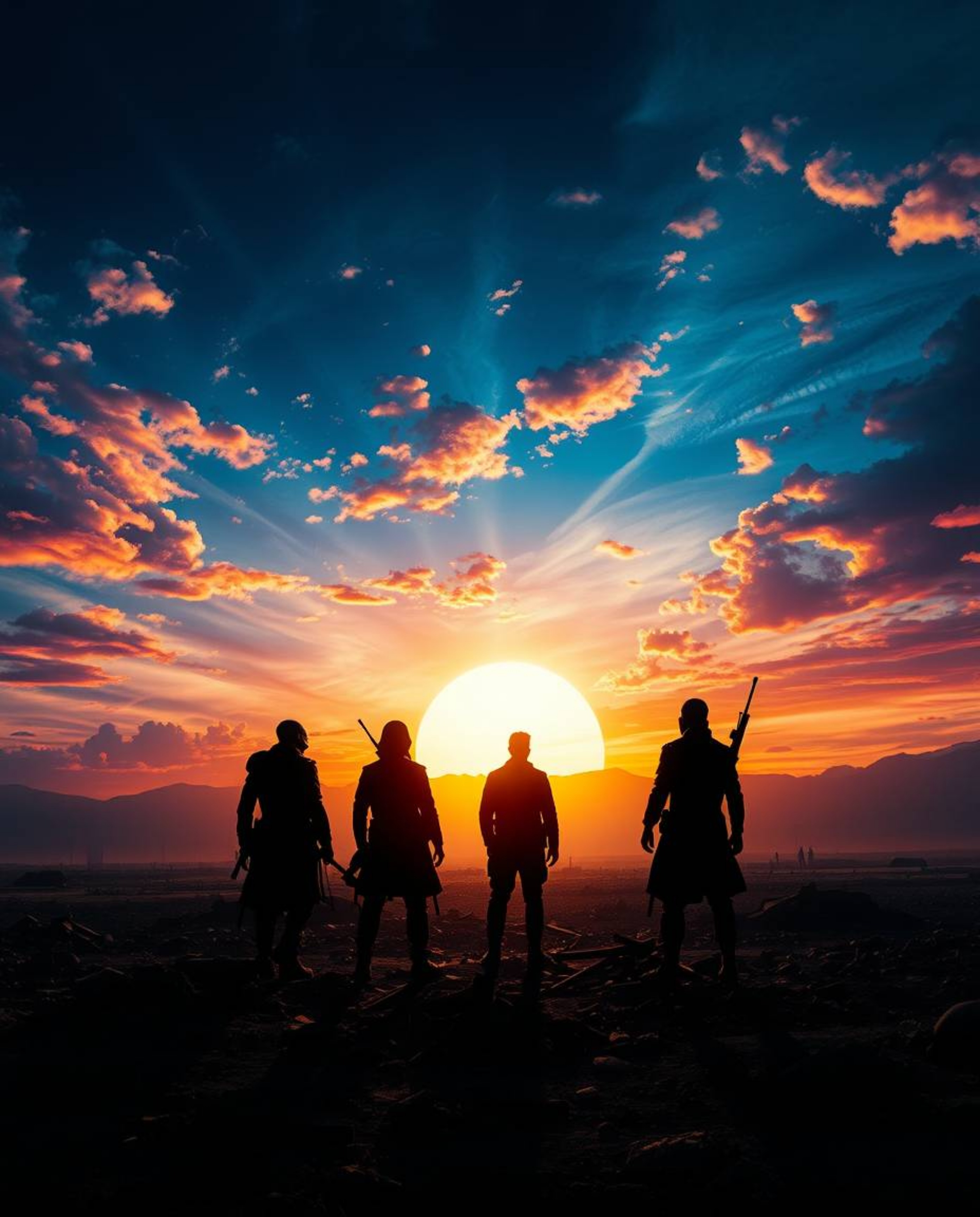 A captivating image depicts a surreal sunrise casting a vibrant glow over a war-torn landscape. Silhouetted figures stand in 