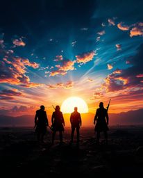 A captivating image depicts a surreal sunrise casting a vibrant glow over a war-torn landscape. Silhouetted figures stand in 