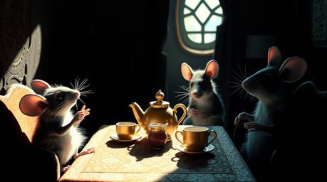 A captivating image featuring anthropomorphic mice enjoying a tea party in a cozy cottage, dramatically divided by strong har