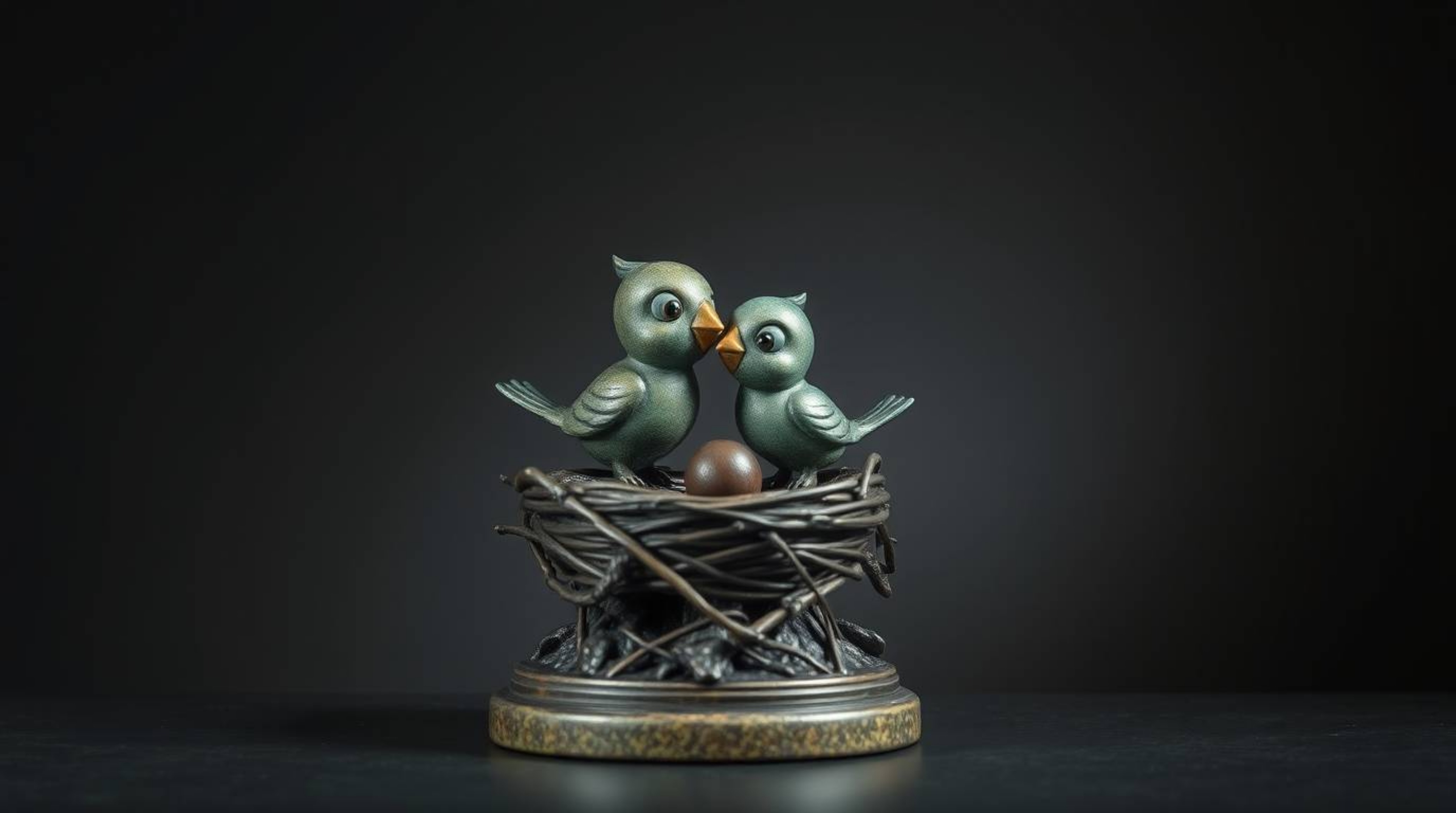 A captivating cast bronze sculpture showcases two charming cartoon birds diligently building their nest.  Rendered in a stron