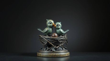 A captivating cast bronze sculpture showcases two charming cartoon birds diligently building their nest.  Rendered in a stron