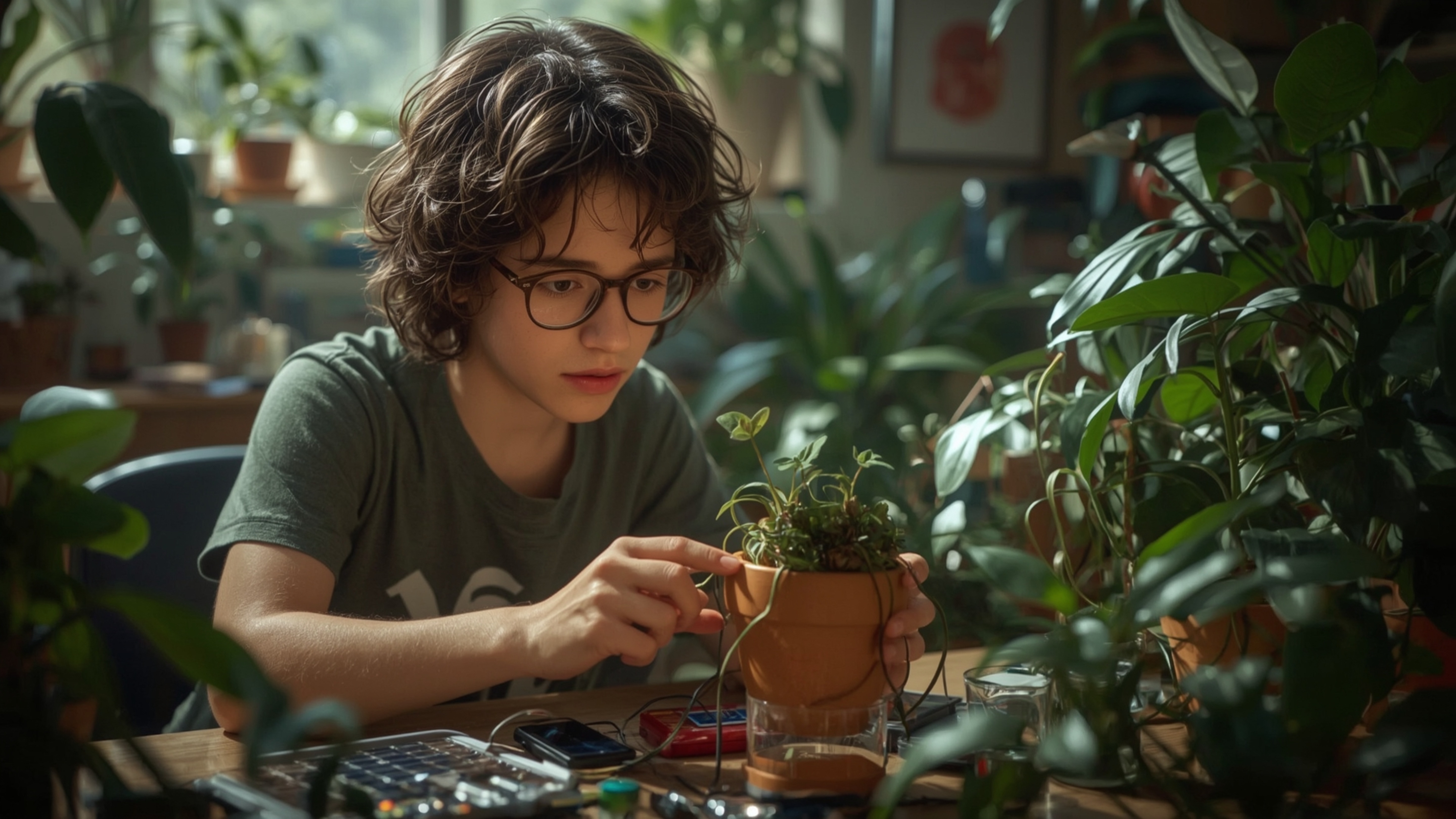 In a highly detailed, cinematic photograph, a bright-eyed, bespectacled homeschooled genius with curly brown hair is intensel