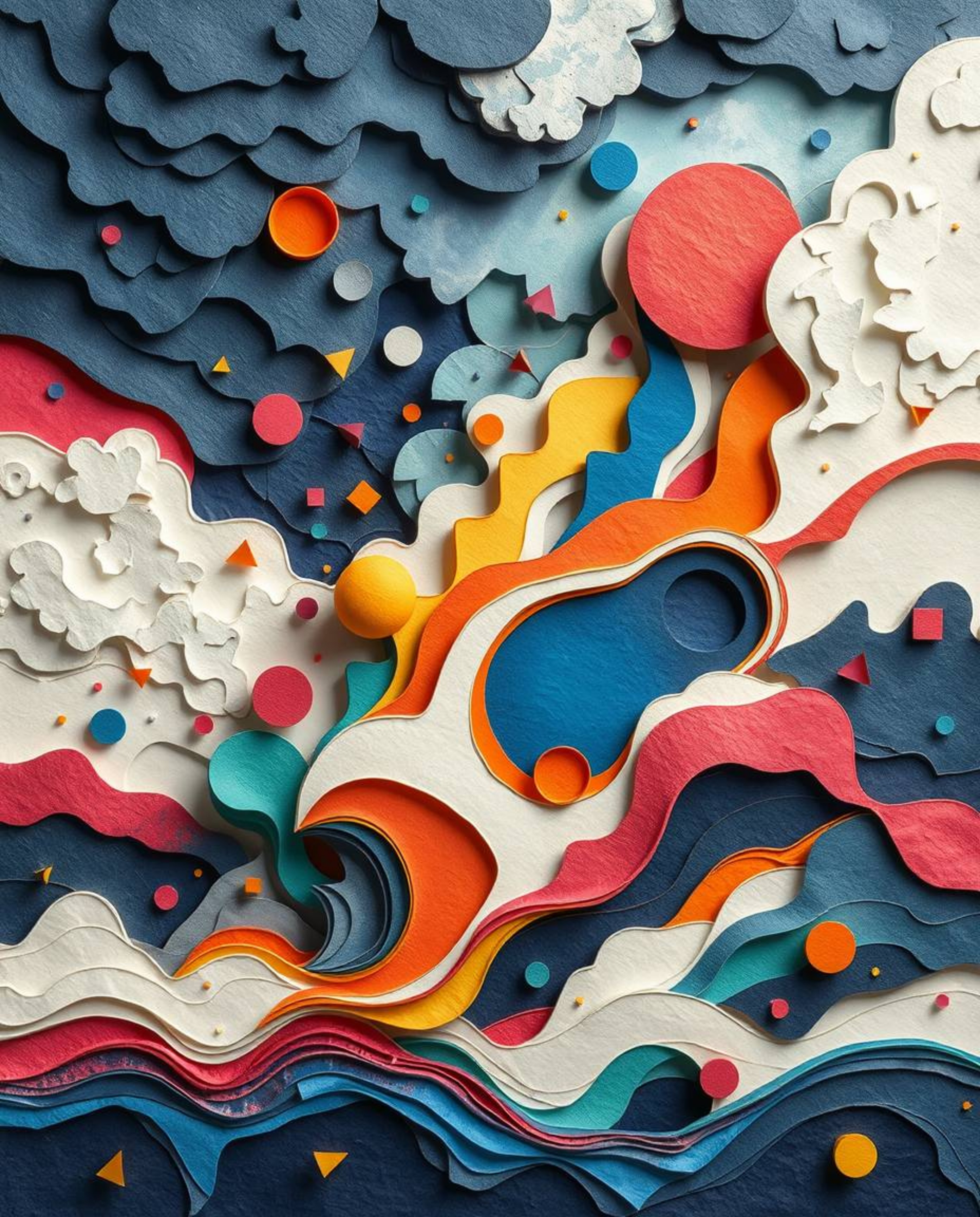 Explore a vibrant and captivating layered papier-mâché artwork featuring colorful 3D fluid shapes harmoniously interacting wi