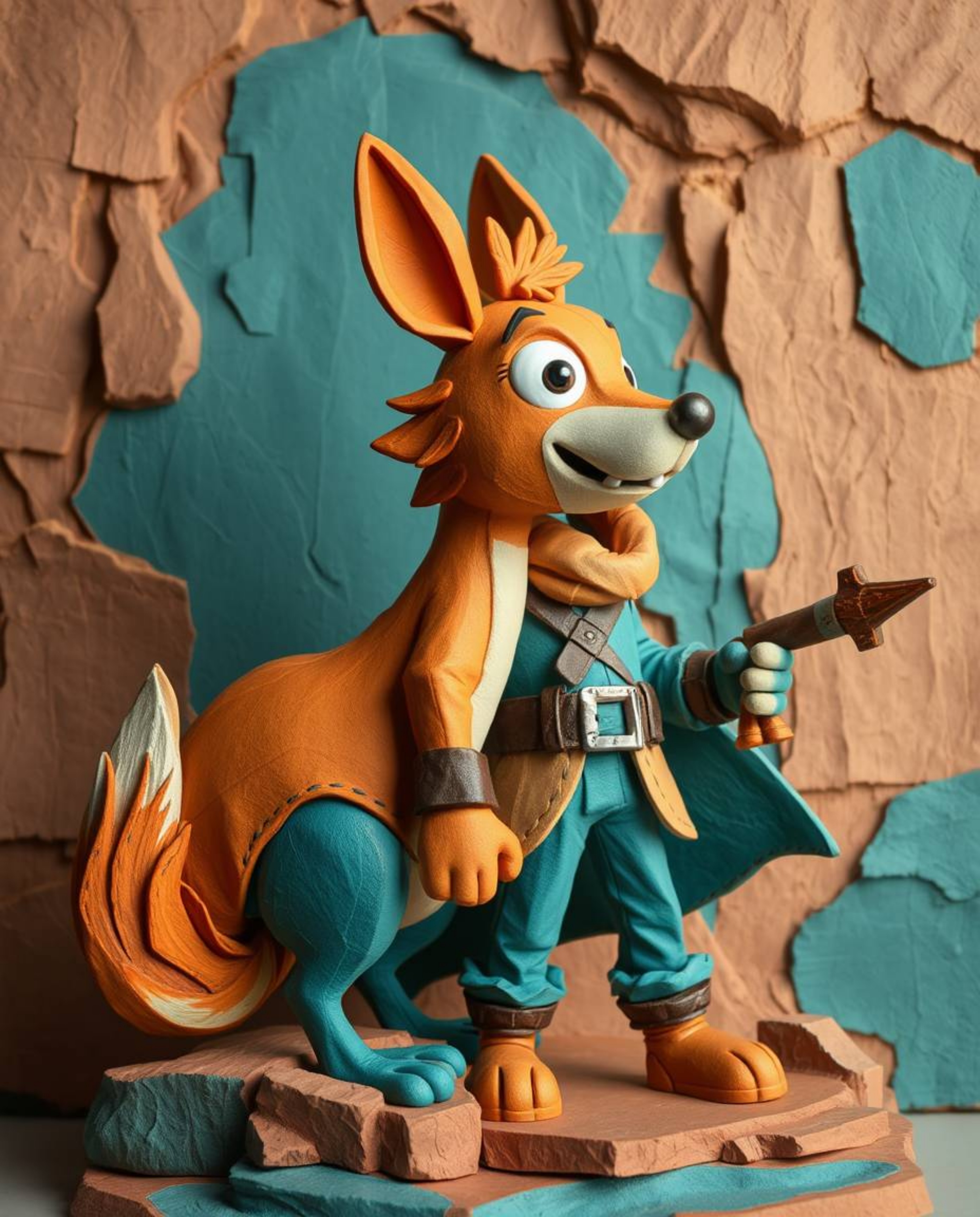 A vibrant papier-mâché artwork depicting a hero accompanied by a talking animal sidekick on a journey. The piece features a s