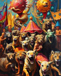 Immerse yourself in a classic oil painting bursting with bright, vibrant colors and rich textures achieved through visible br