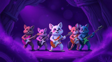 Experience a mesmerizing visual journey with a cartoon animal rock band performing in a mystic and enchanting environment. Th