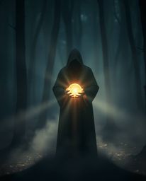 Immerse yourself in a breathtaking scene featuring volumetric lighting that illuminates a misty forest, where a cloaked figur