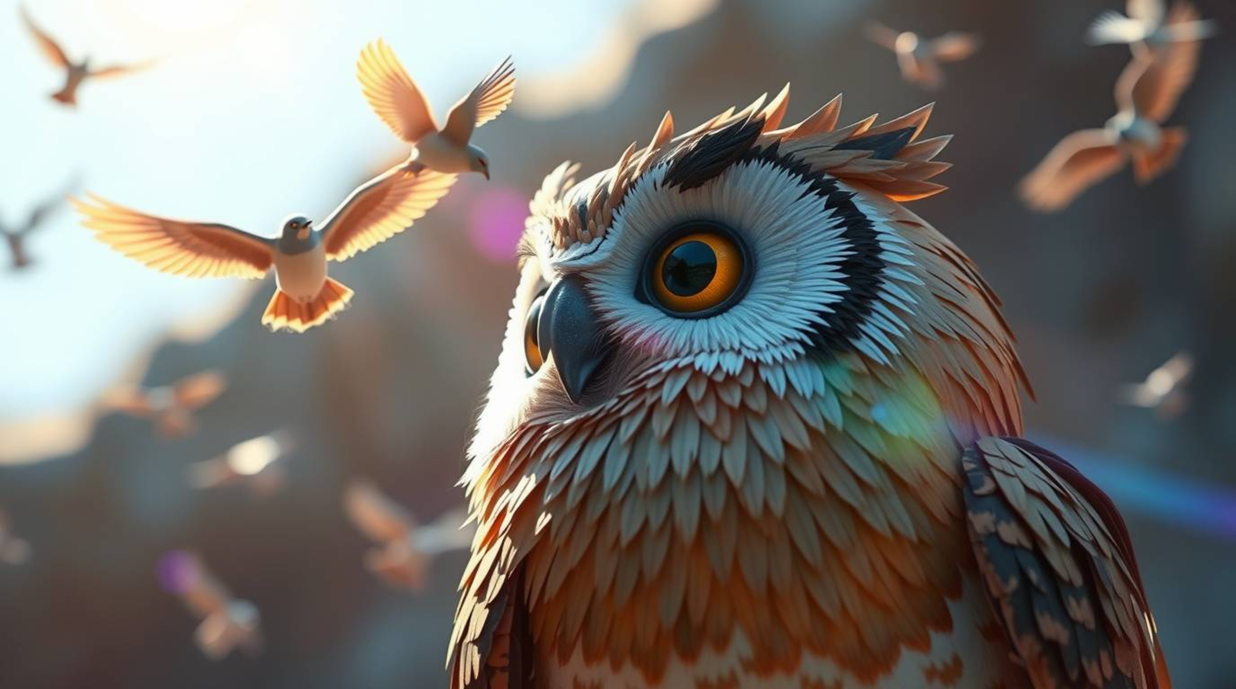 Experience the whimsical world of a Pixar-style blind owl, sculpted from layered papier-mâché, as it gazes into the wind and