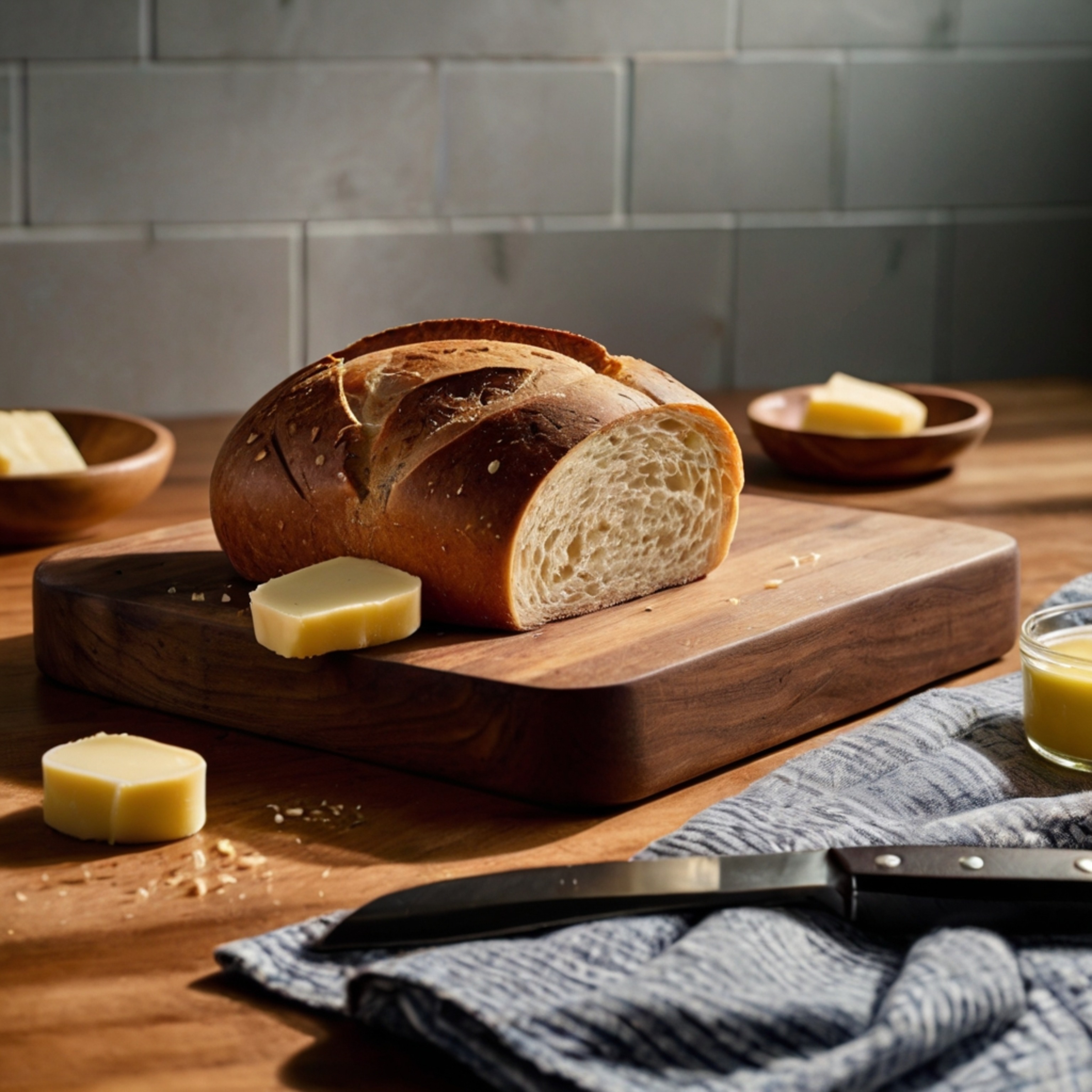 A picture-perfect scene of a freshly baked loaf of bread, expertly sliced and arranged on a rustic wooden cutting board.  A g