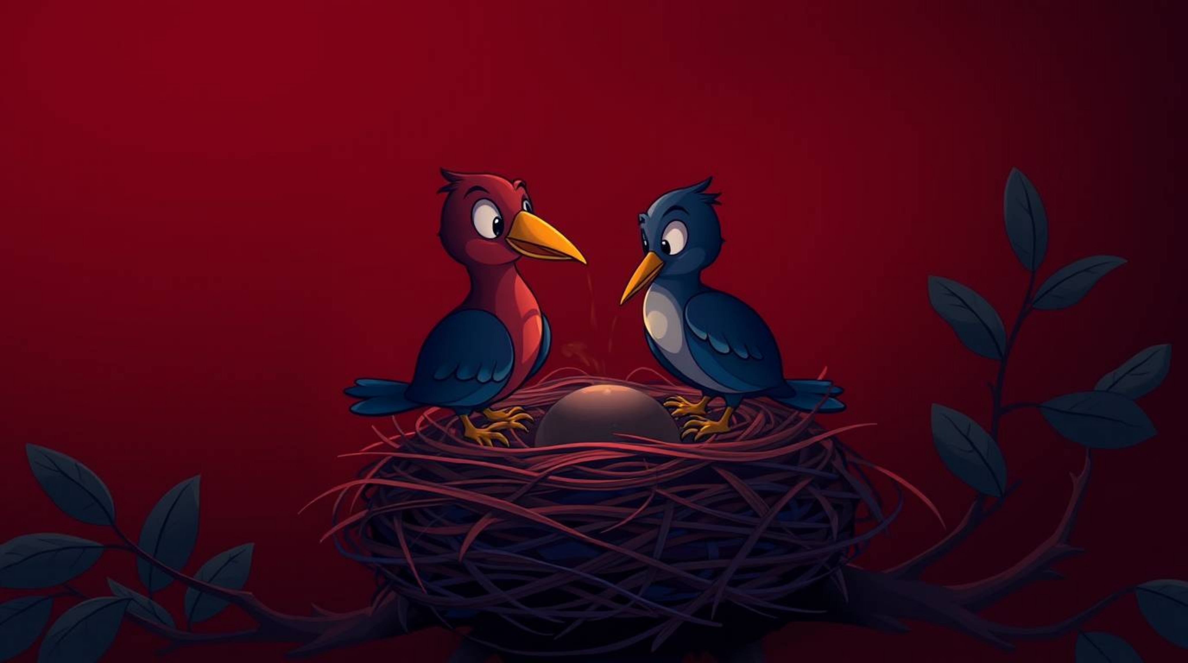 Delightful animation showcasing two cartoon birds constructing a nest. Rendered in a classic animation style, the piece feat