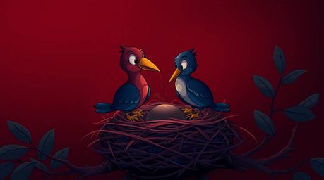 Delightful animation showcasing two cartoon birds constructing a nest.  Rendered in a classic animation style, the piece feat