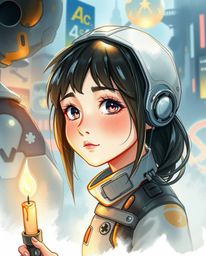 Discover a captivating digital painting of a young, gentle inventor girl in a futuristic city.  Rendered in a delicate waterc