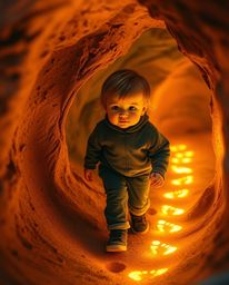 A captivating piece of creative light art depicting a child with rosy cheeks venturing into an earthy cave, guided by a trail