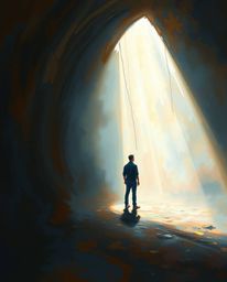 A captivating classic oil painting depicts a person standing at the edge of a tunnel, bathed in ethereal volumetric lighting.