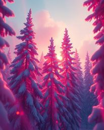 Dreamlike, surreal imagery captures sunset light sparkling on snowy pine trees. This vibrant, bizarre scene is brought to lif