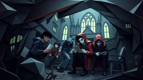 Dive into a world of folded paper and eerie mysteries with this intricate origami-style illustration. A group of teens finds 