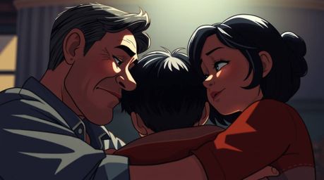 Experience a heartwarming yet tension-filled family reunion brought to life in a stunning Pixar-style close-up illustration. 