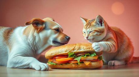 A charming scene unfolds as a dog and cat playfully contend over a gigantic sandwich, rendered in soft pastel colors with stu