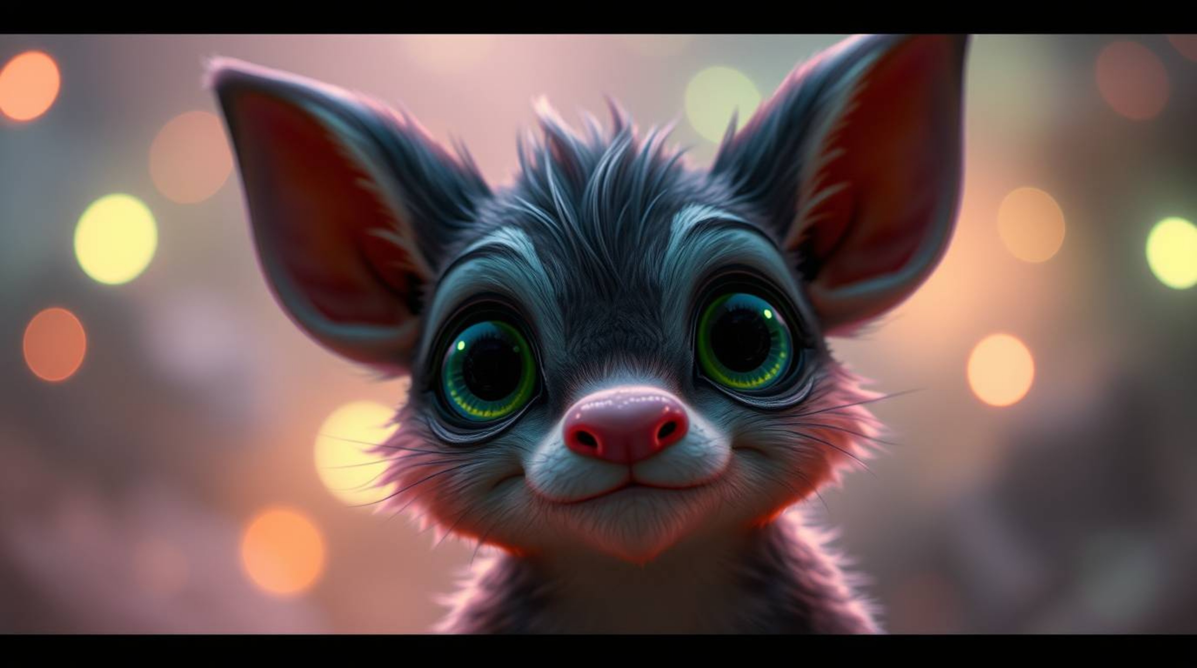 Discover a captivating image of a sarcastic animal sidekick, its large expressive eyes shining brightly in a soft, dreamy atm