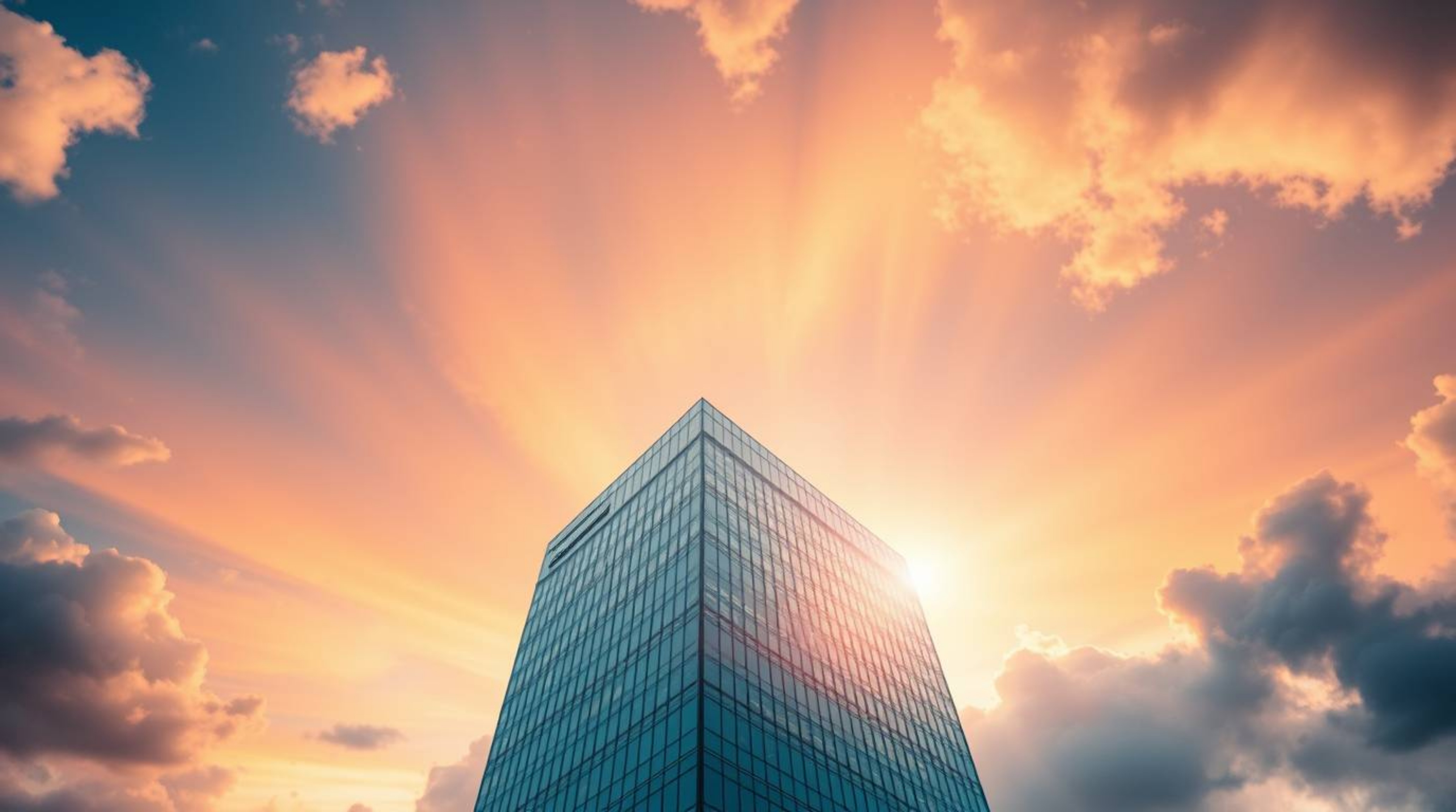 Witness the mesmerizing fusion of modern architecture and boundless sky. A contemporary glass building gracefully dissolves i