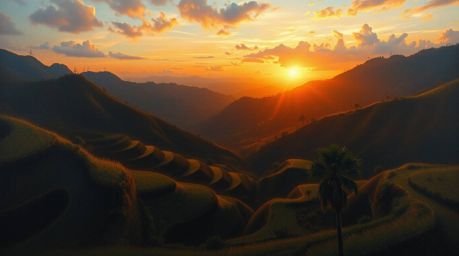 Experience the breathtaking beauty of a sunset over rice terraces captured in a classic oil painting. This dramatic cinematic